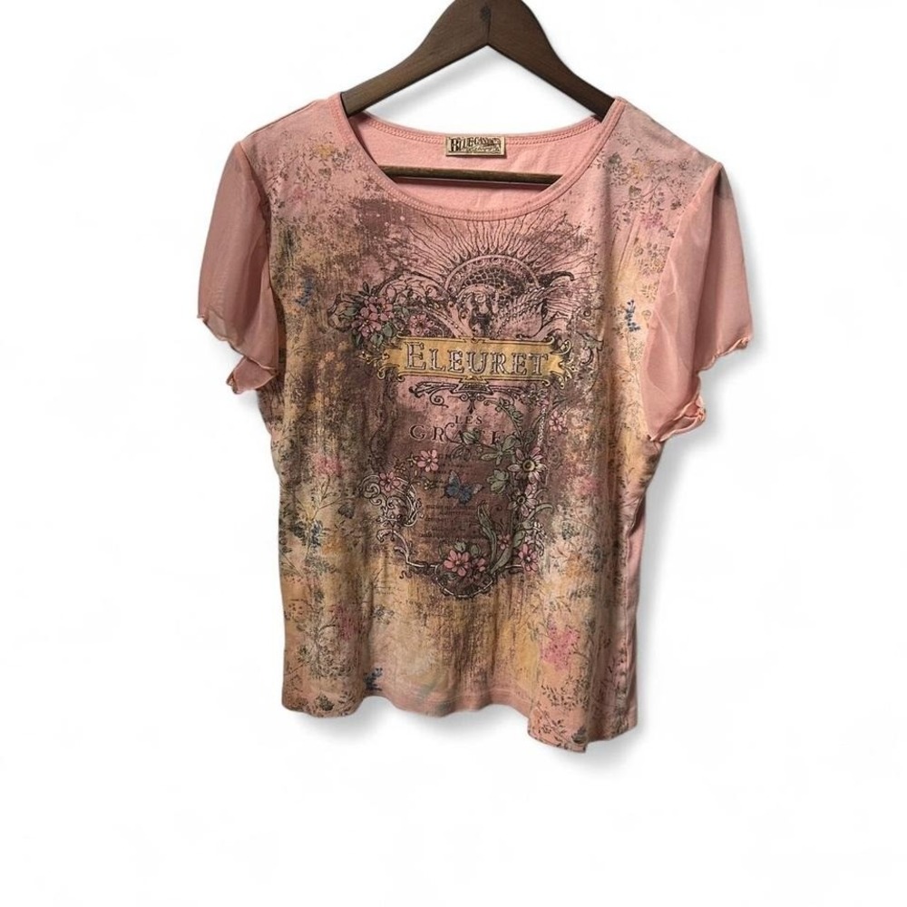 WOMENS Y2K PINK BABY‎ TEE WITH MESH SLEEVES AND BLING SIZE XL